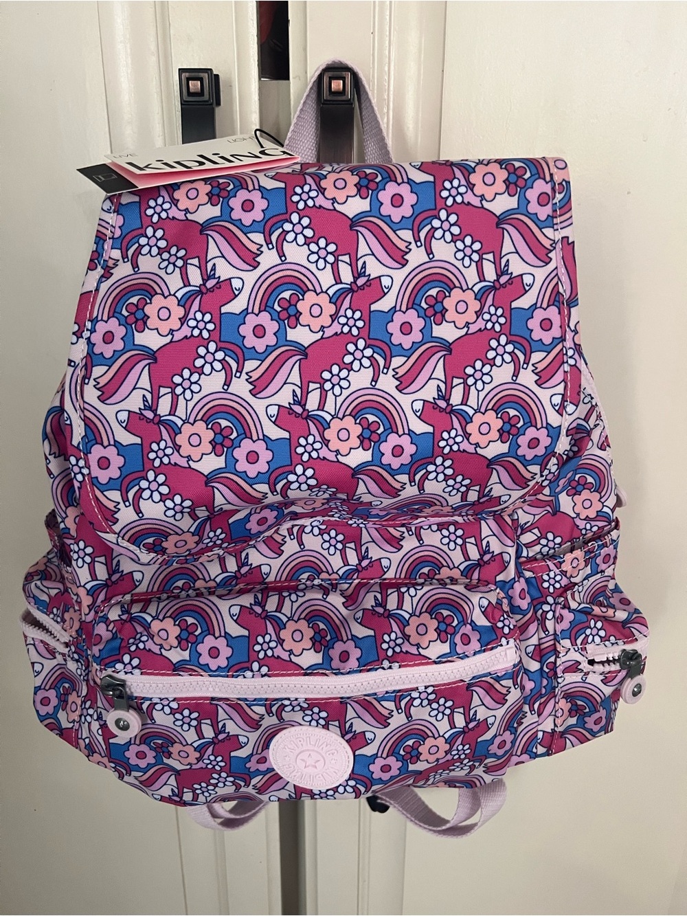 Kipling Pink Floral & Unicorn Pattern Backpack